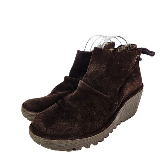 FLY London Yebi Espresso Suede Ruched Ankle Boots with Tie EU 40 US 10 Wedge - Picture 2 of 15